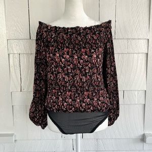 Free People Pink Floral Slub Off Shoulder Boho Blouse Body Suit